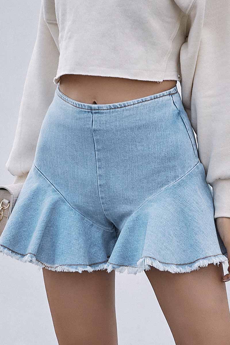 Omyke High-Waisted Commuter Denim Ruffled Zipper Shorts
