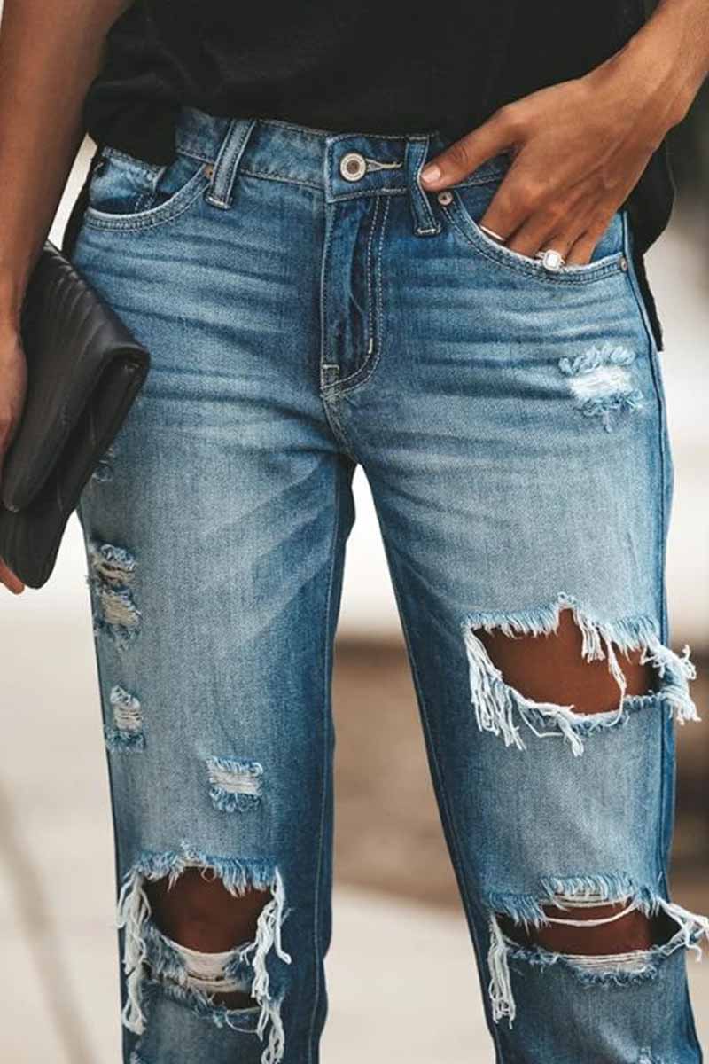 Omyke Regular Blue Ripped Jeans