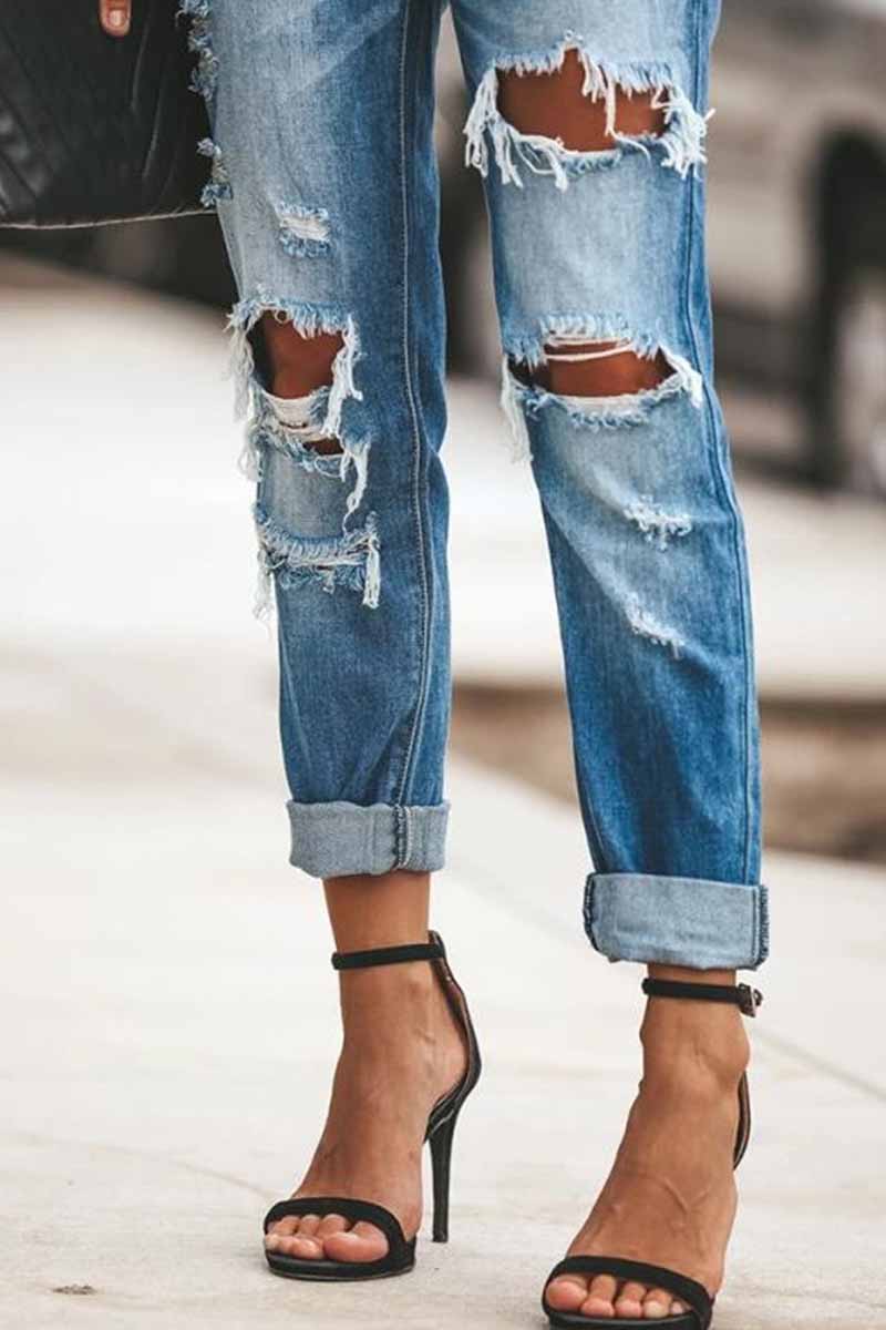Omyke Regular Blue Ripped Jeans