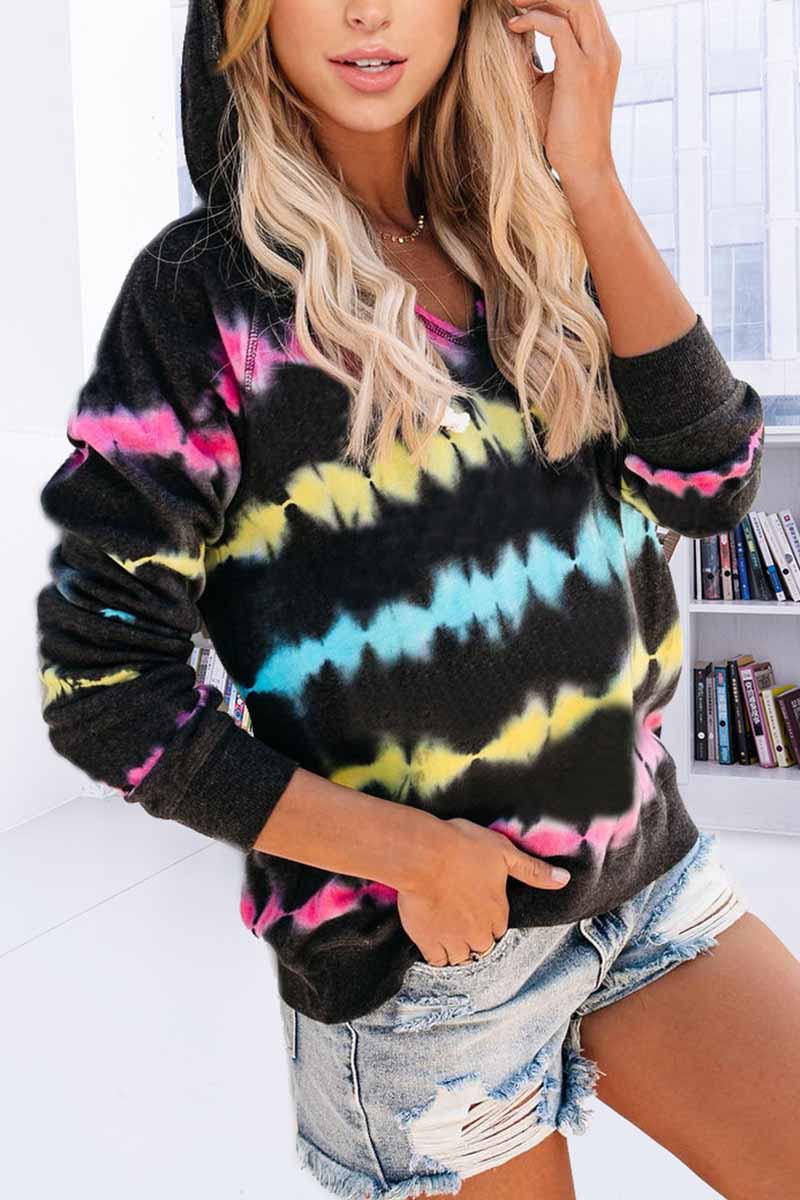 Omyke Color Striped Print Casual Hoodie