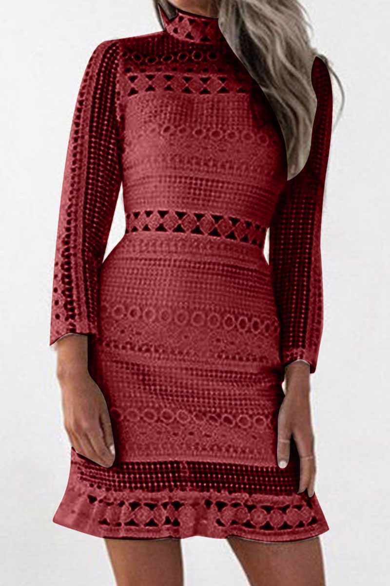 Omyke Pure Color Sexy Hollow Lace High Collar Mini Dress(3 Colors)