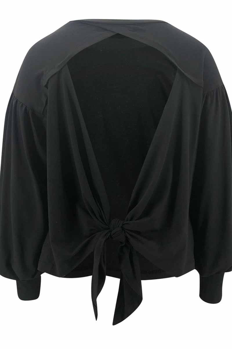 Omyke Lantern Sleeve Cutout Open Back Tie Detail Blouse