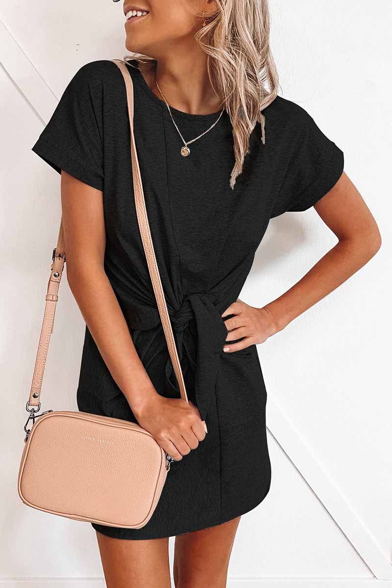 Omyke Loose Tie Solid Color Short Sleeves Mini Dress(6 colors)