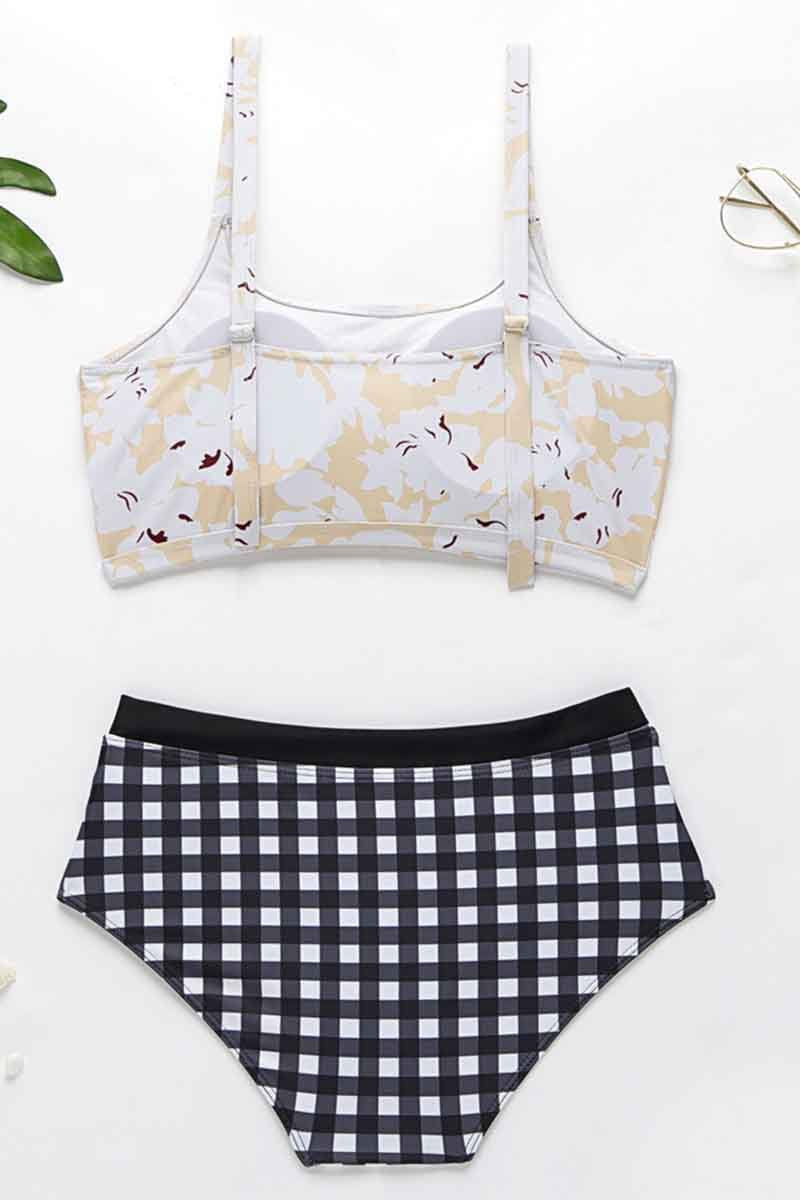 Omyke Plaid Print Split Swimsuit