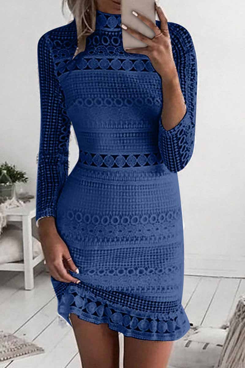 Omyke Pure Color Sexy Hollow Lace High Collar Mini Dress(3 Colors)
