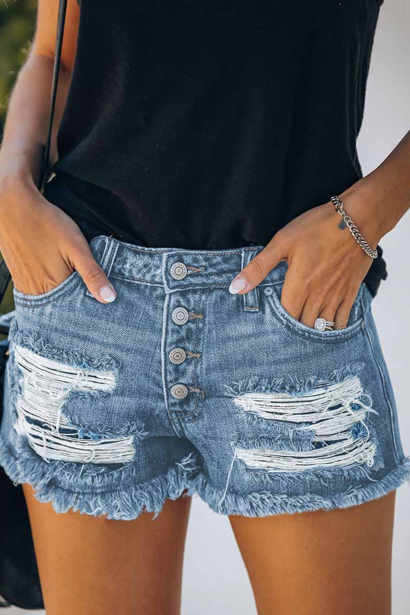 Omyke New Washed Frayed Mid-Waist Three-Point Denim Shorts