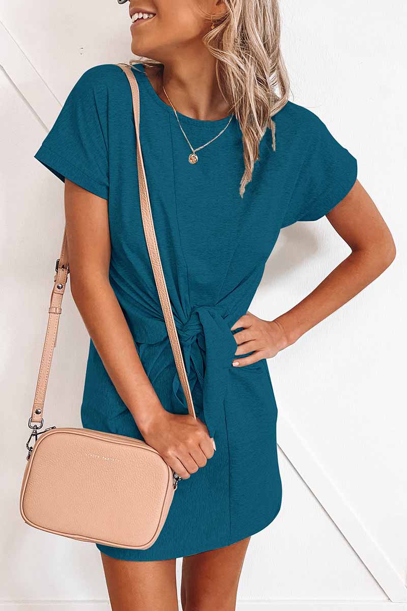Omyke Loose Tie Solid Color Short Sleeves Mini Dress(6 colors)