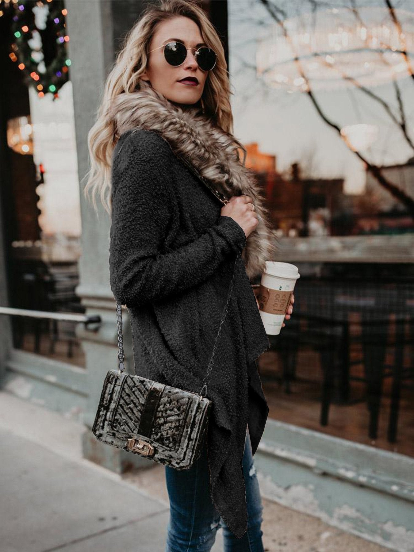 Omyke Fur Collar Cardigan Plush Trench Coat