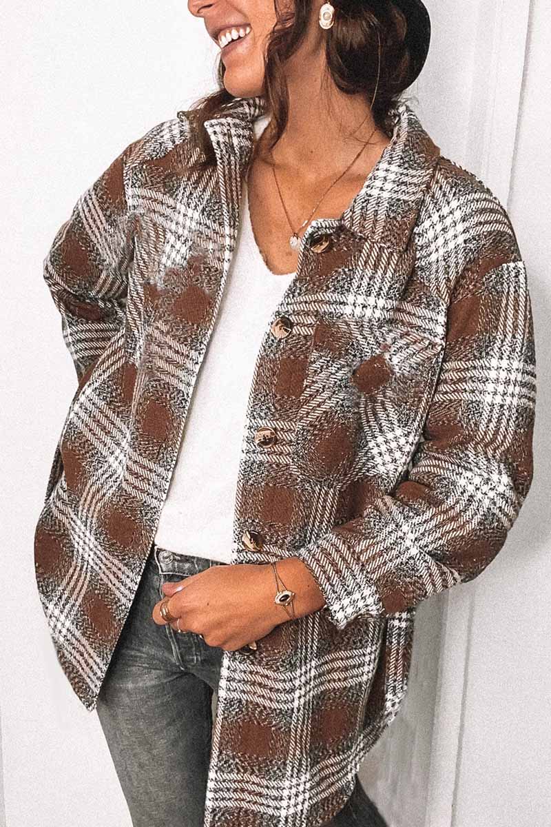 Omyke Fashion Lapel Loose Plaid Jacket Tops(3 Colors)