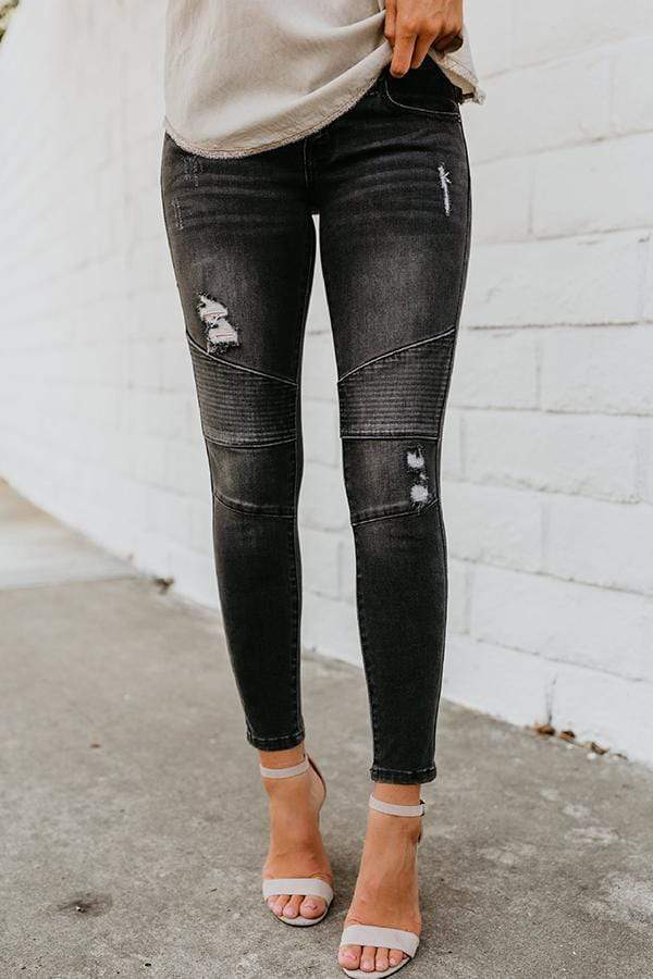 Omyke Regular Waist Solid Color Skinny Fit Hole Jeans