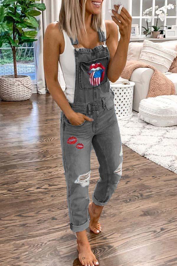 Omyke Denim Print Suspender Jeans