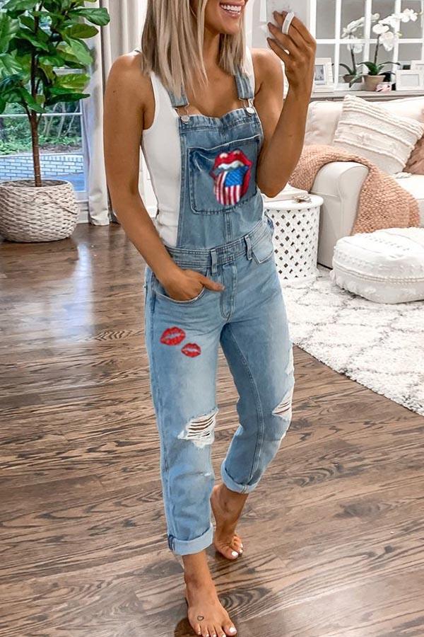 Omyke Denim Print Suspender Jeans