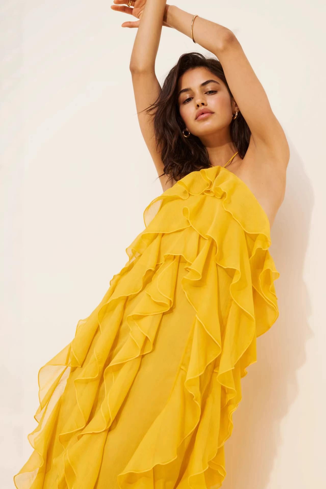 Solid Ruffle Halter Neck Maxi Dress