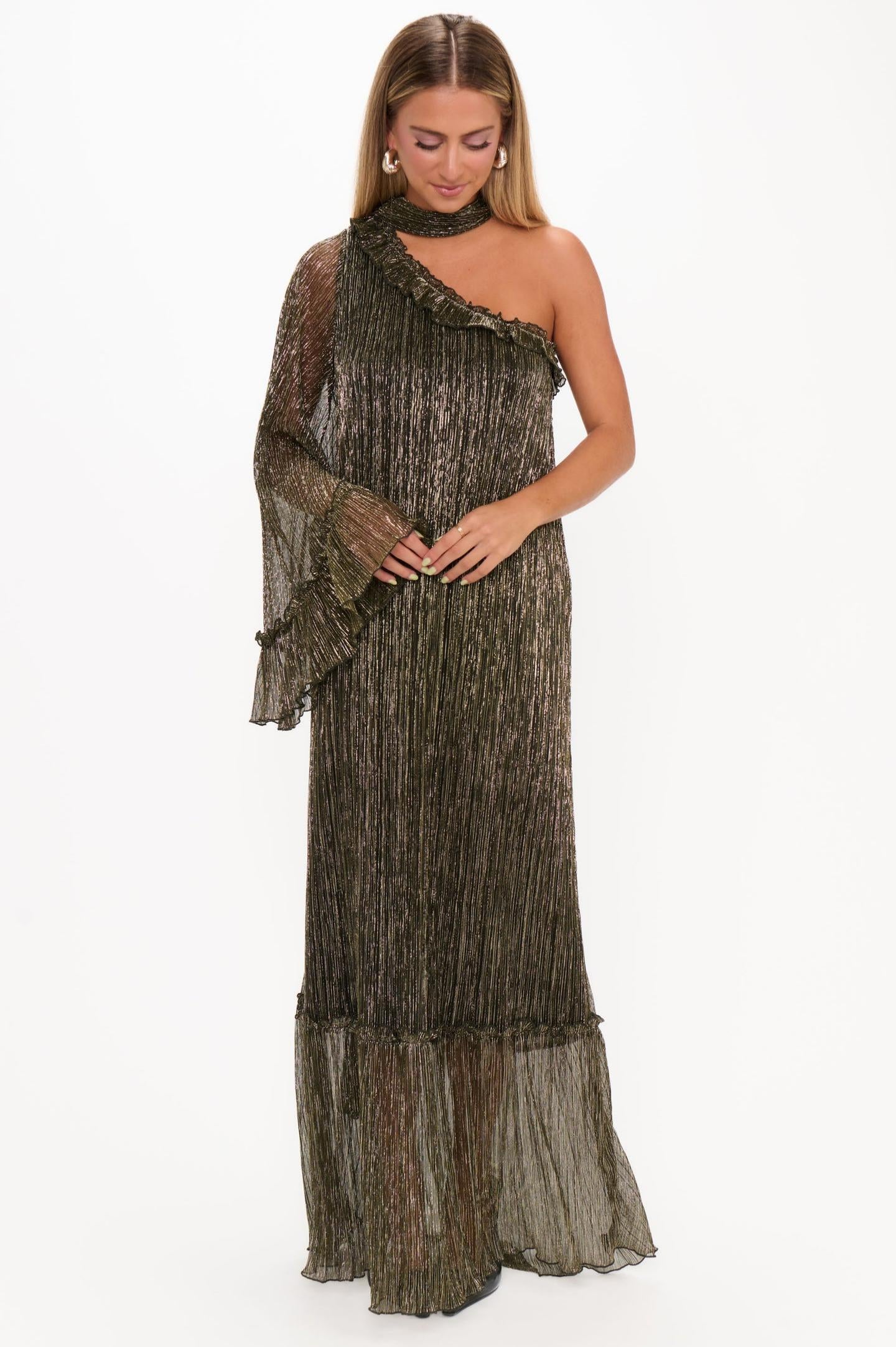 Luxury One Shoulder Frill Maxi Dress