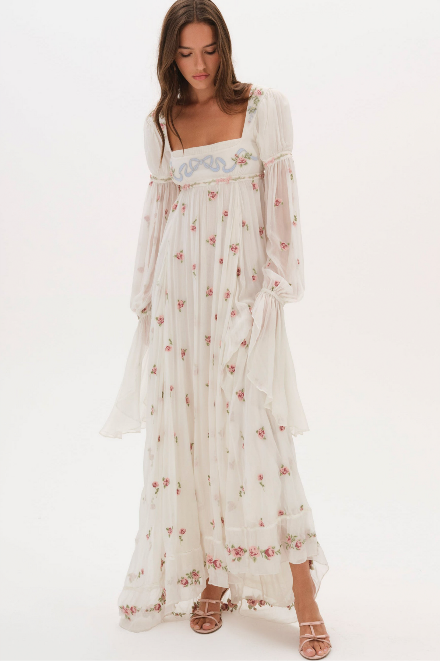Floral Square Collar Ruffle Midi Dress