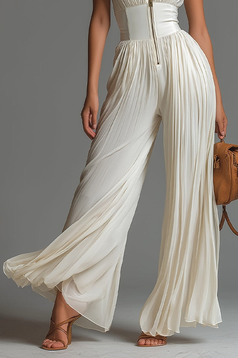 Chiffon Pleated Zip-up Wide-leg Jumpsuit