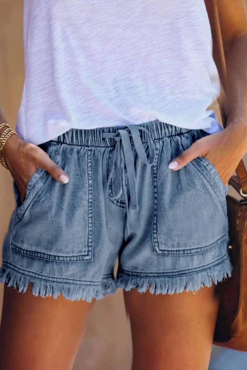 Florcoo Adjustable Tassel Pockets Design Denim Shorts(3 Colors)