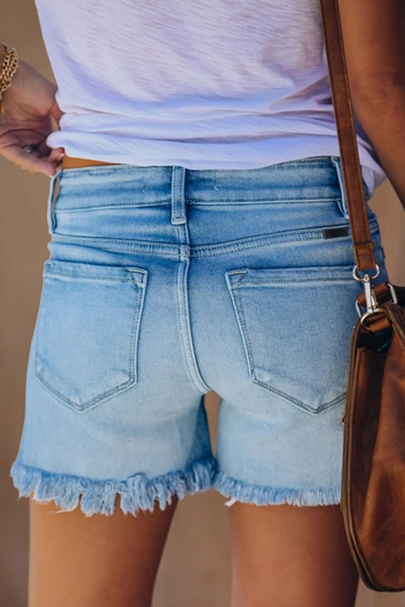 Omyke Ripped Fringed Solid Denim Shorts