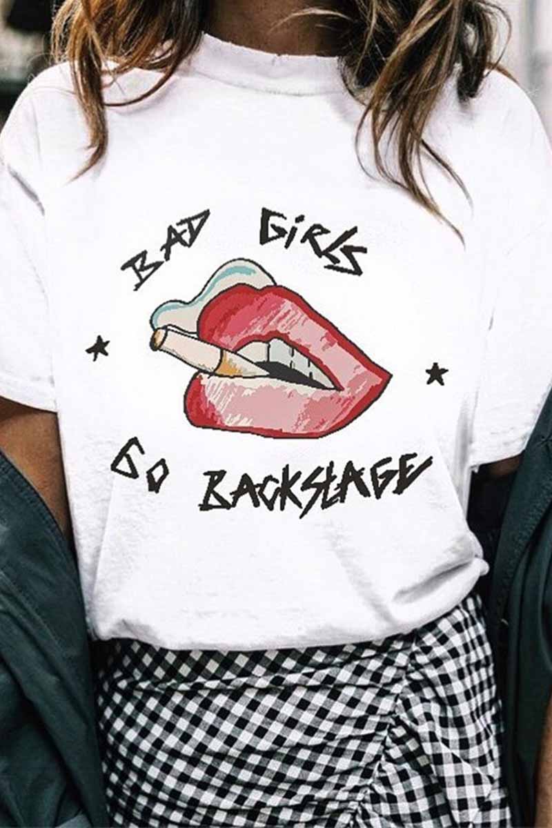 Omyke Red Lips Loose Short Sleeve Tops