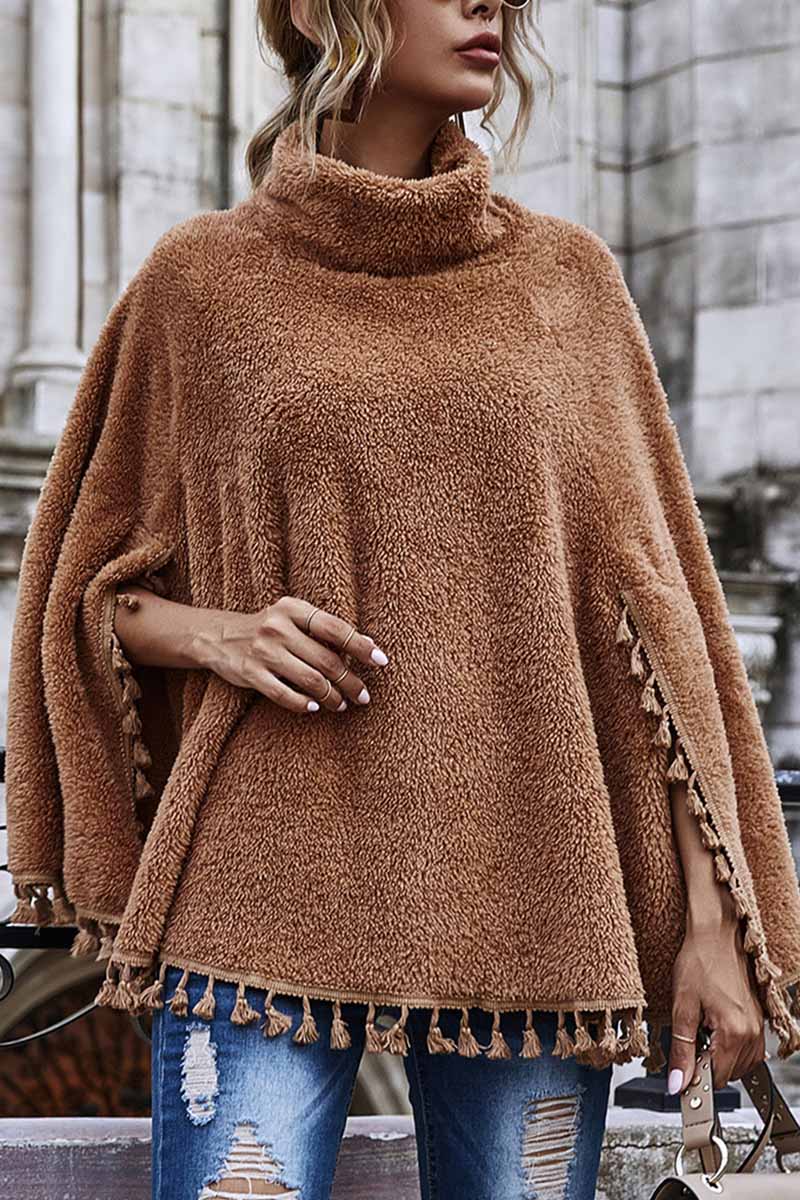 Omyke Loose High Neck Cape Coat With Fringed