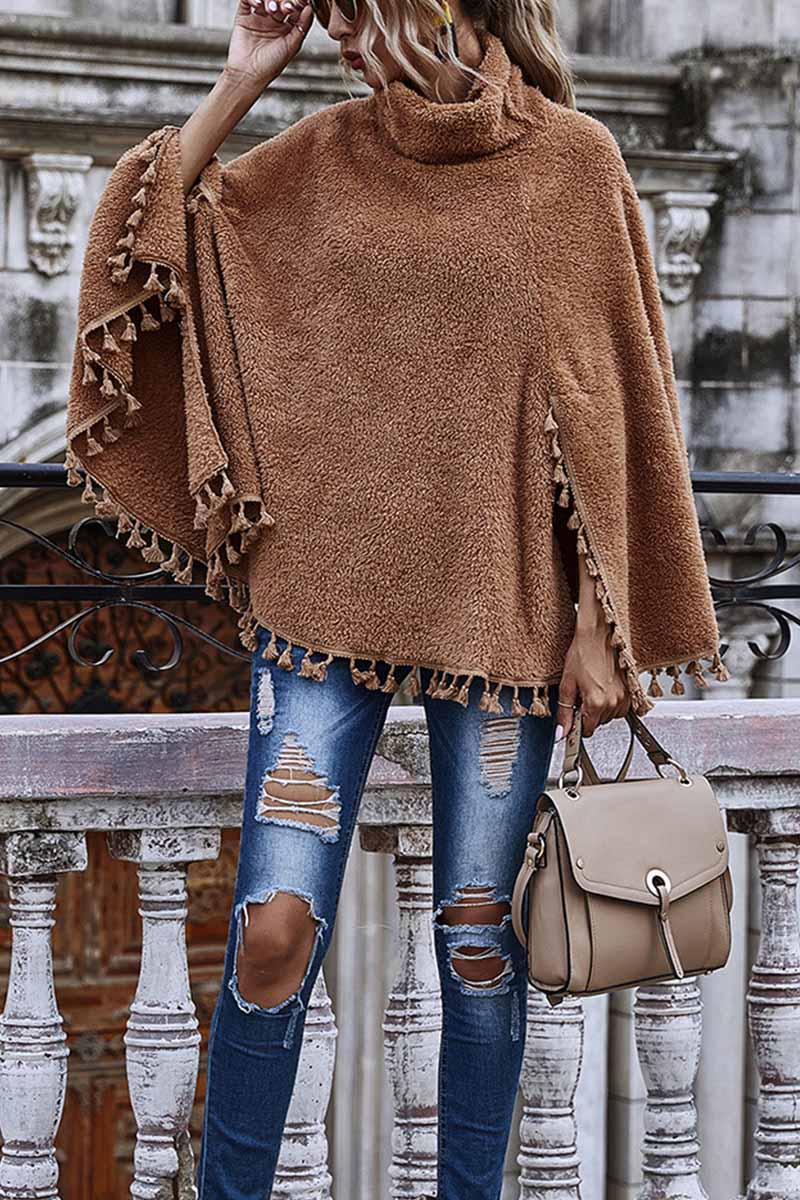 Omyke Loose High Neck Cape Coat With Fringed