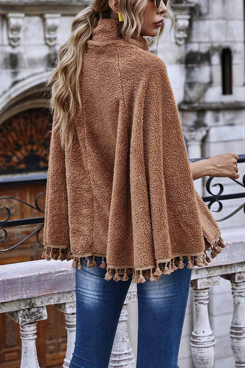 Omyke Loose High Neck Cape Coat With Fringed