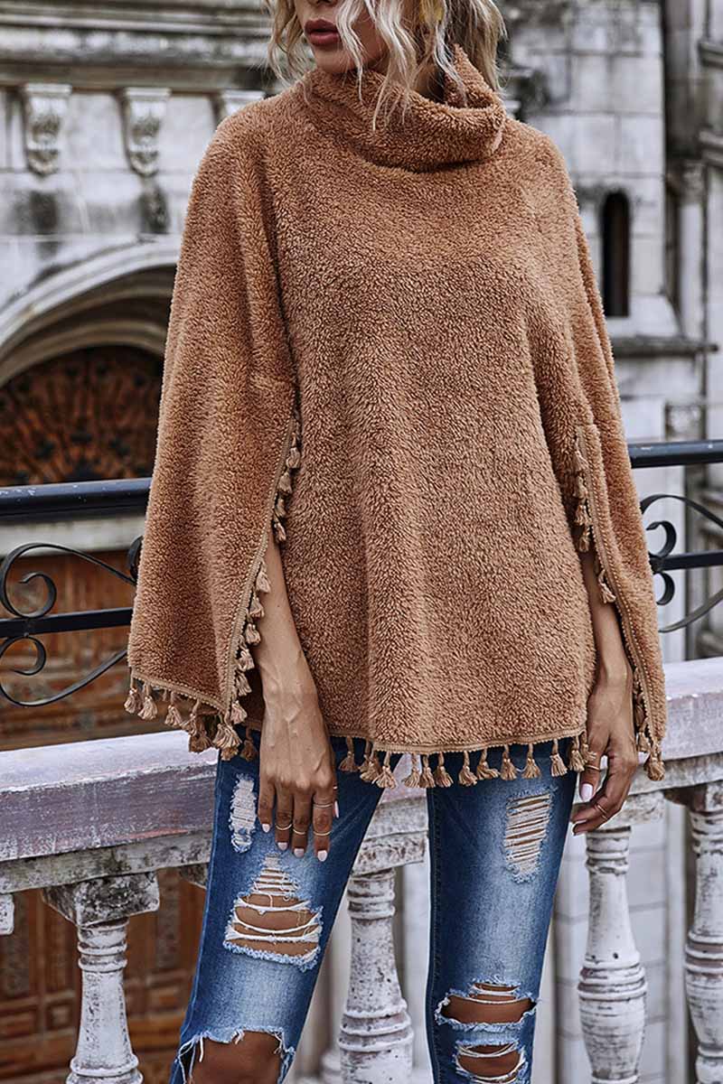 Omyke Loose High Neck Cape Coat With Fringed