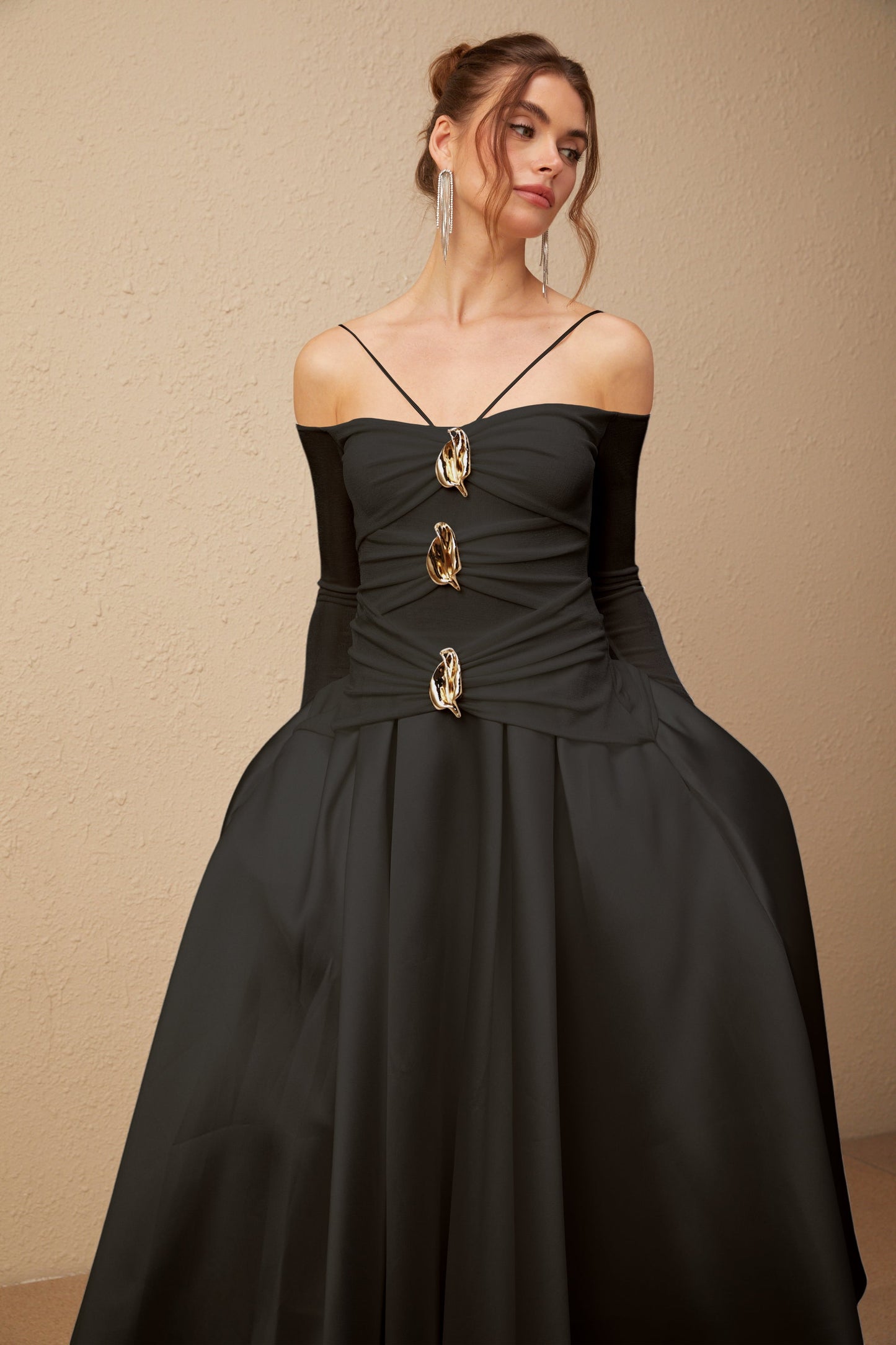 Nadine off-shoulder panelled maxi dress in Black