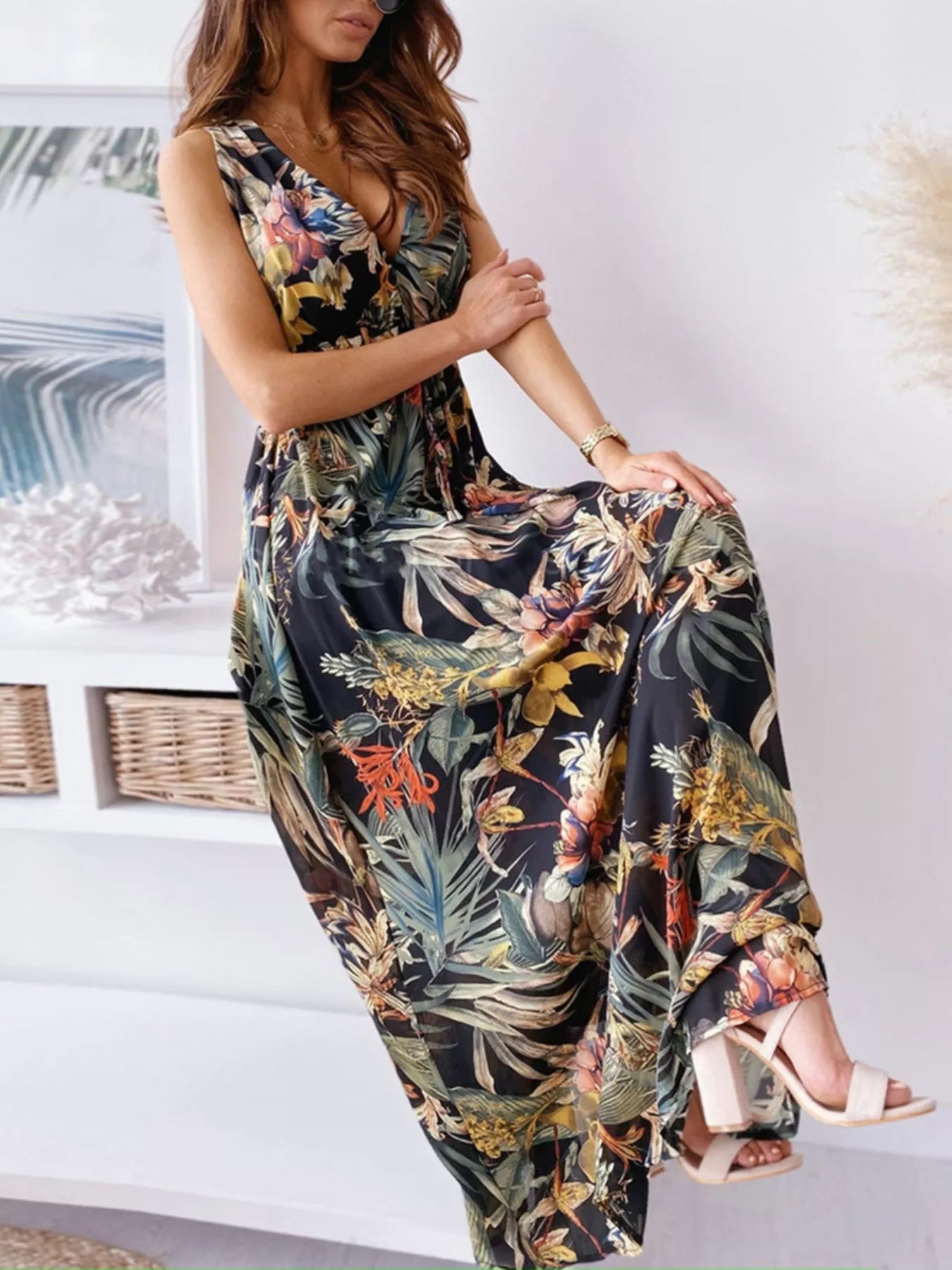 Leaf Print Sleeveless Maxi Dress