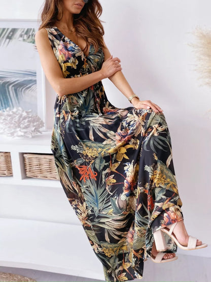 Leaf Print Sleeveless Maxi Dress