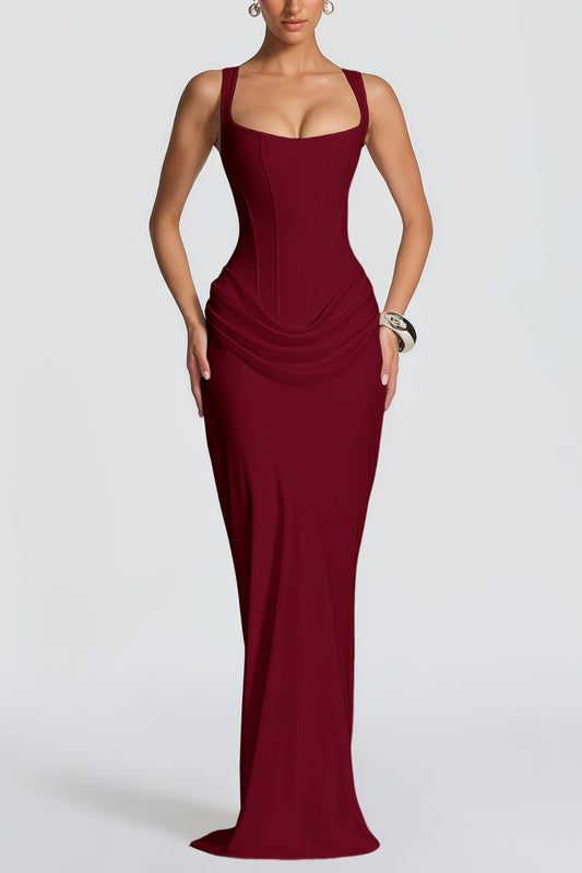 Paulette Red Ruched Corset Maxi Dress