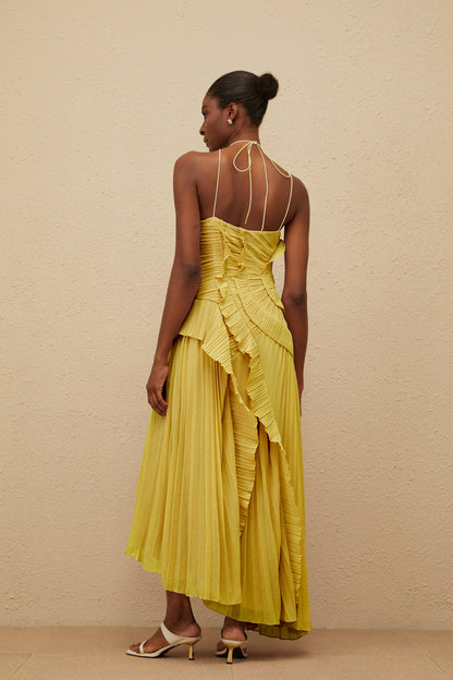 Doux Yellow Ruffled Trim Pleated Midi Dress