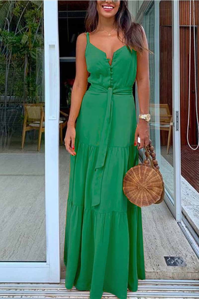 Florcoo Button V-Neck Maxi Dress With Belt(3 Colors)