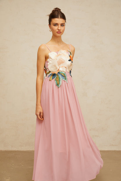 Josette floral-embroidered shirred maxi dress in Pink