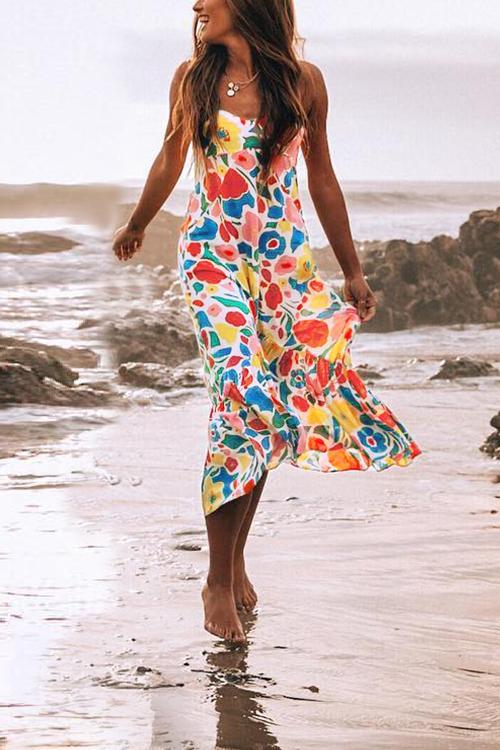 Omyke Floral Printed Summer Backless Mid Calf Dress With Pocket