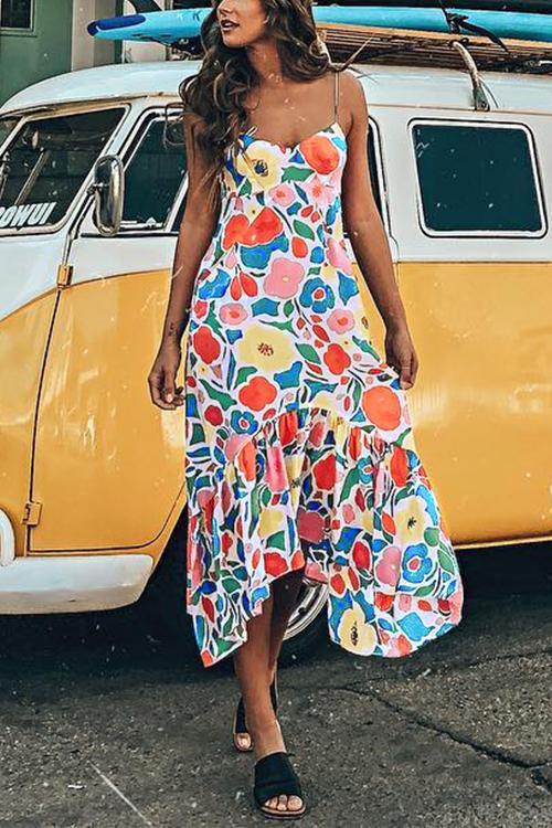 Omyke Floral Printed Summer Backless Mid Calf Dress With Pocket