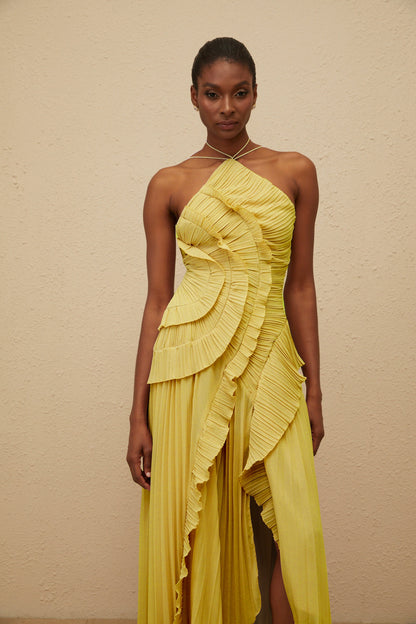 Doux Yellow Ruffled Trim Pleated Midi Dress