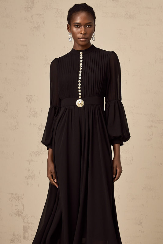 Viviane black pleated button-front midi dress