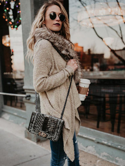 Omyke Fur Collar Cardigan Plush Trench Coat