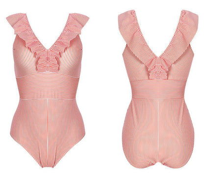 Omyke Ruffled Striped One-Piece Swimsuit ( 3 Colors)