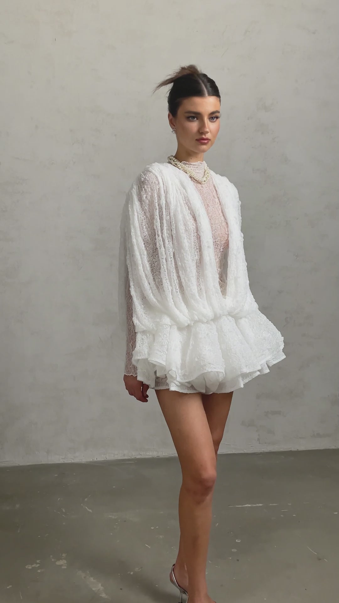 Isoline white semi-sheer lace top & shorts & dress matching set