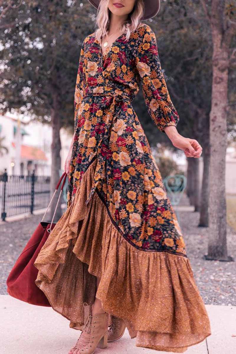 Omyke Long Sleeve Print Retro Long Maxi Dress