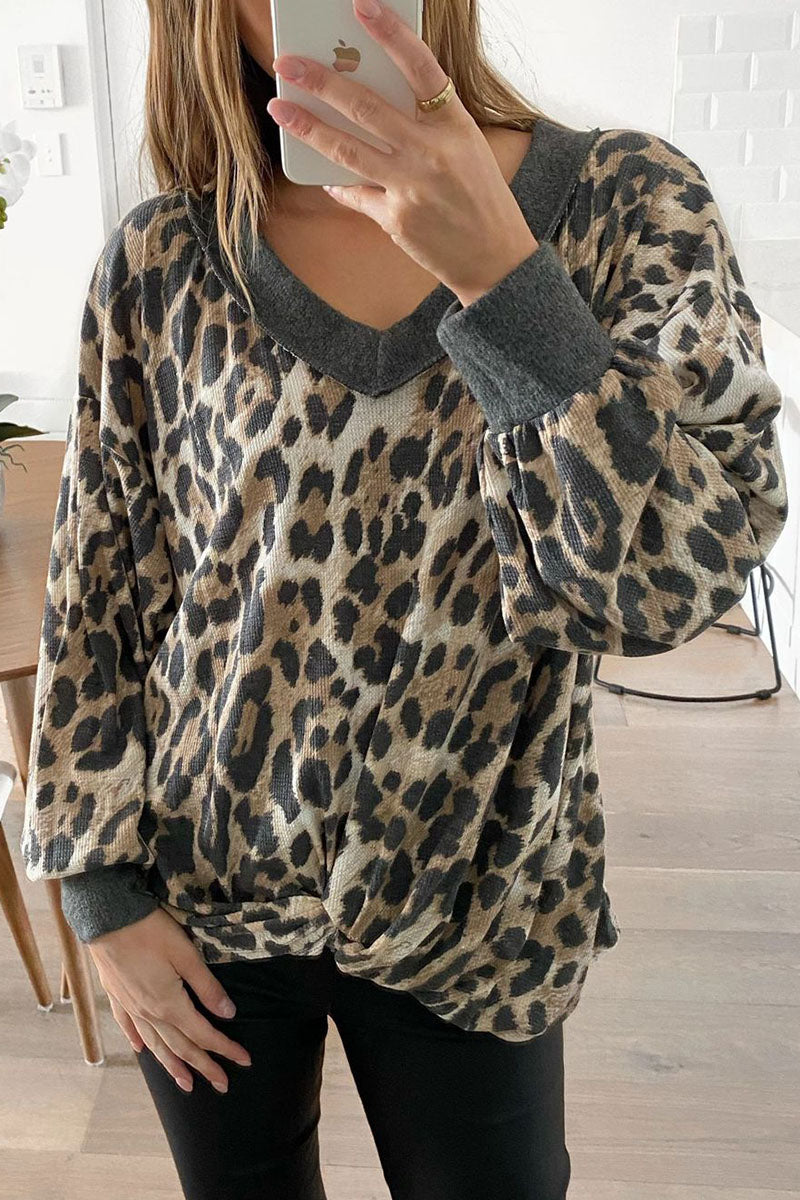 Fashion Street Leopard Patchwork V Neck Sweaters(4 colors)