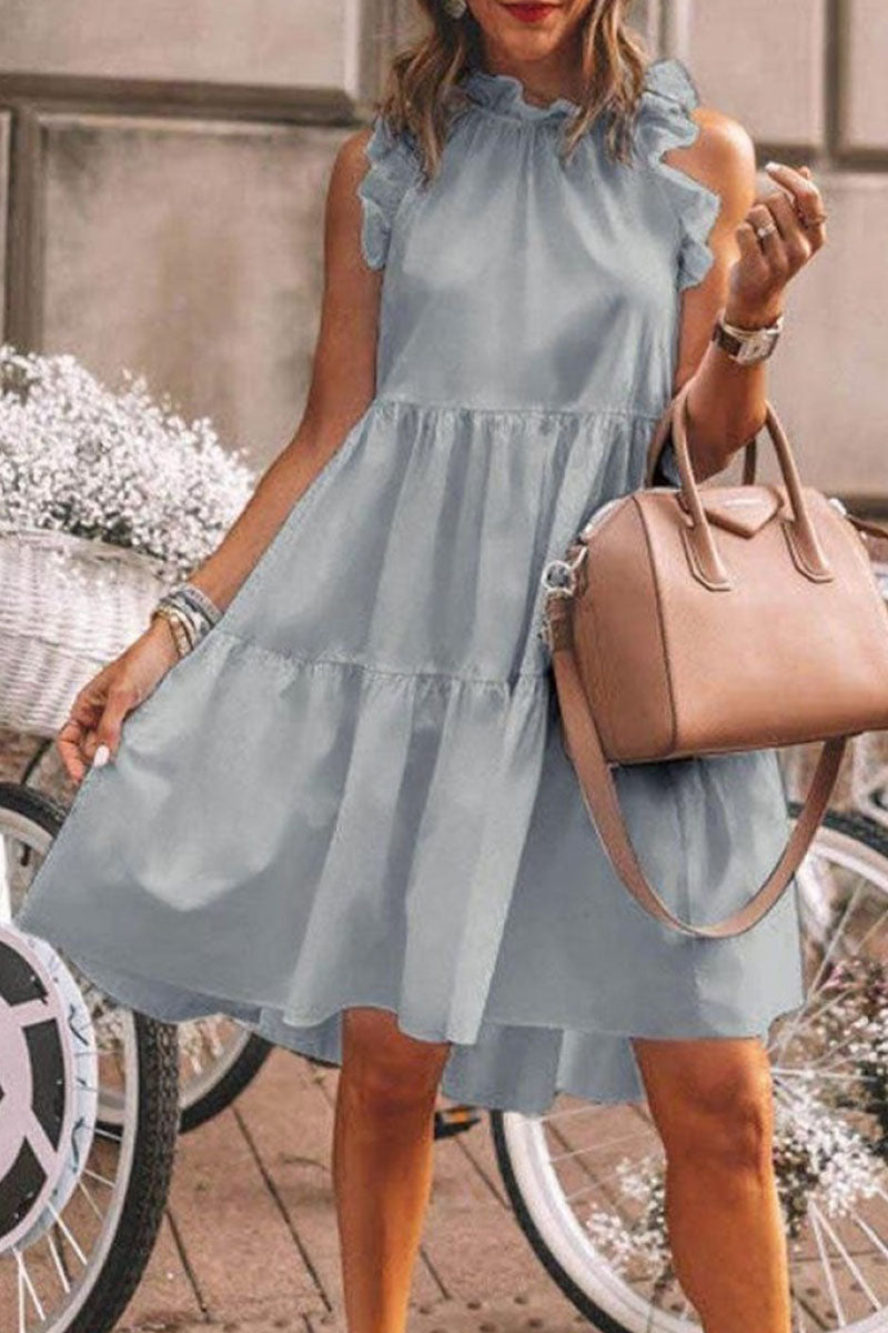 Fashion Sweet Solid Patchwork Flounce O Neck A Line Dresses