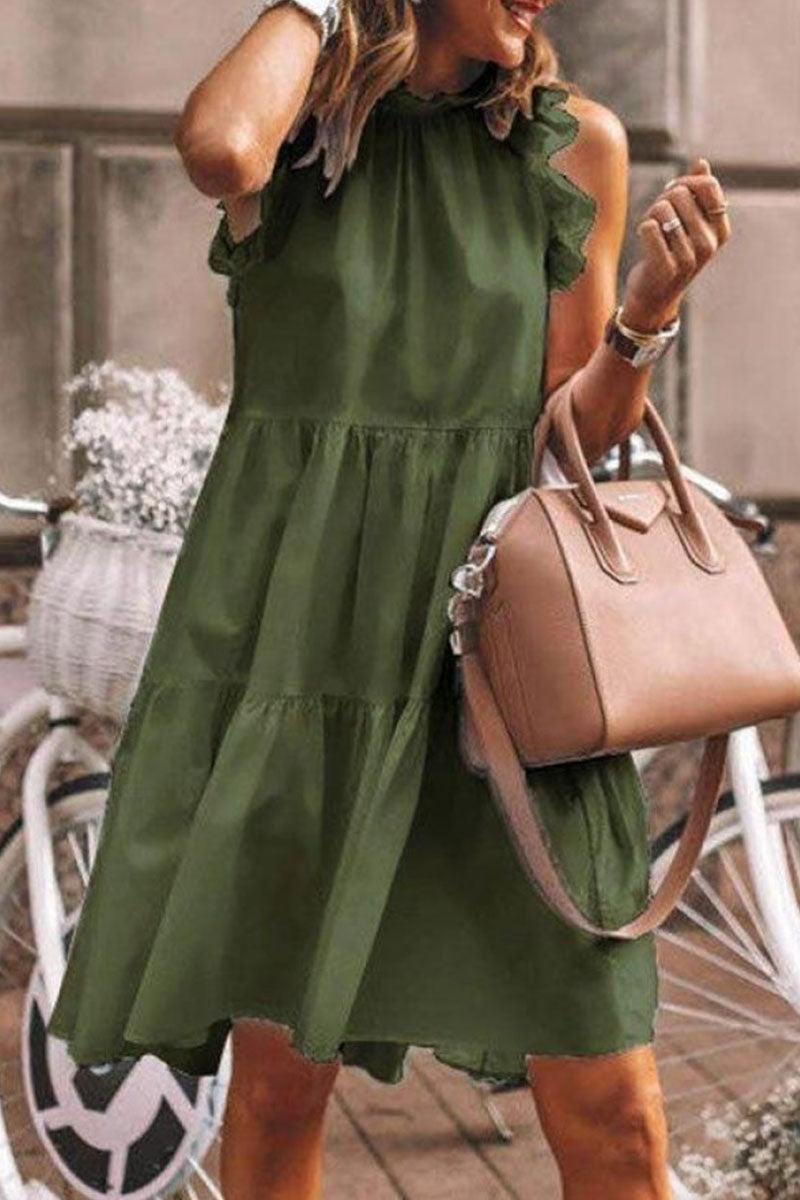 Fashion Sweet Solid Patchwork Flounce O Neck A Line Dresses