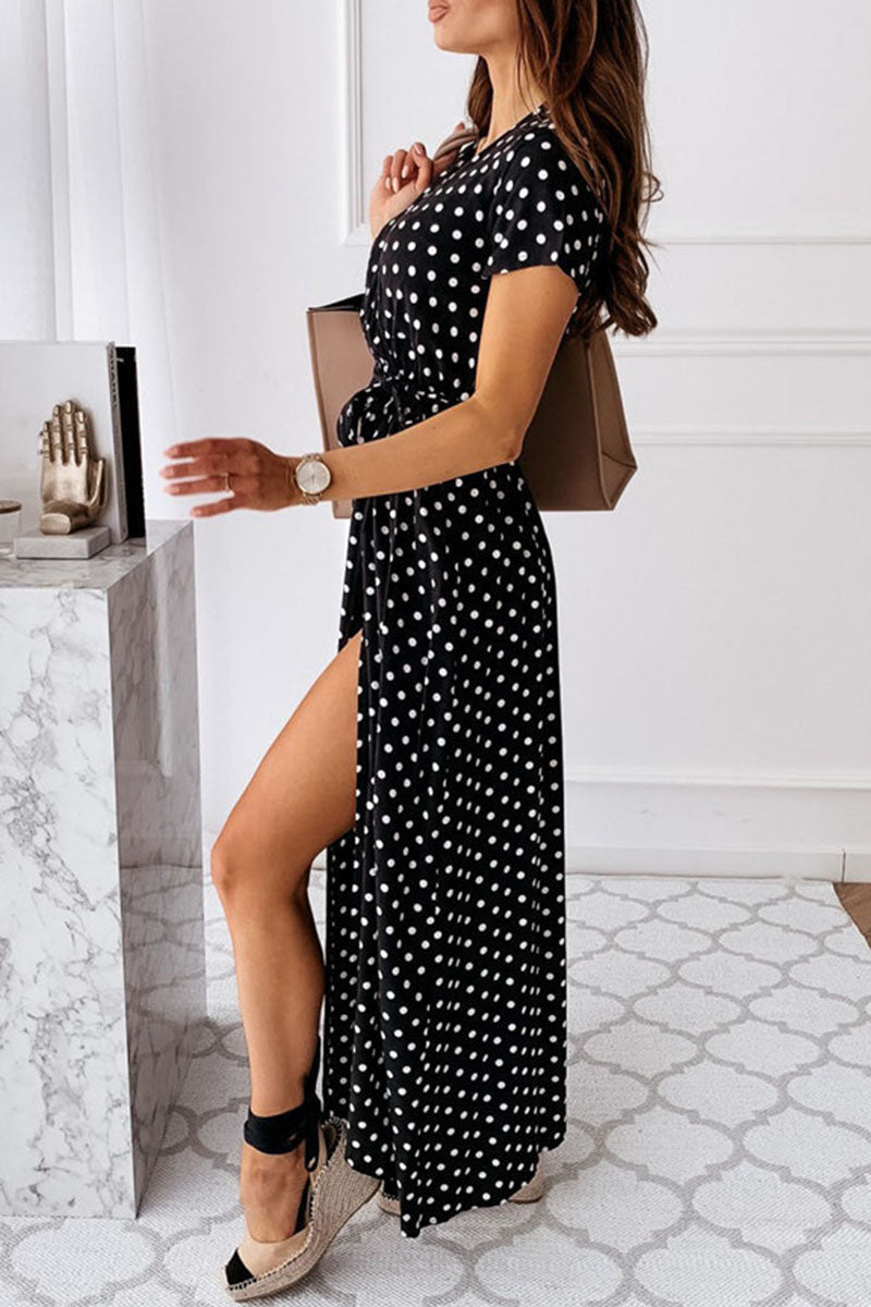 Fashion Sexy Dot Slit V Neck Printed Dresses(4 Colors)