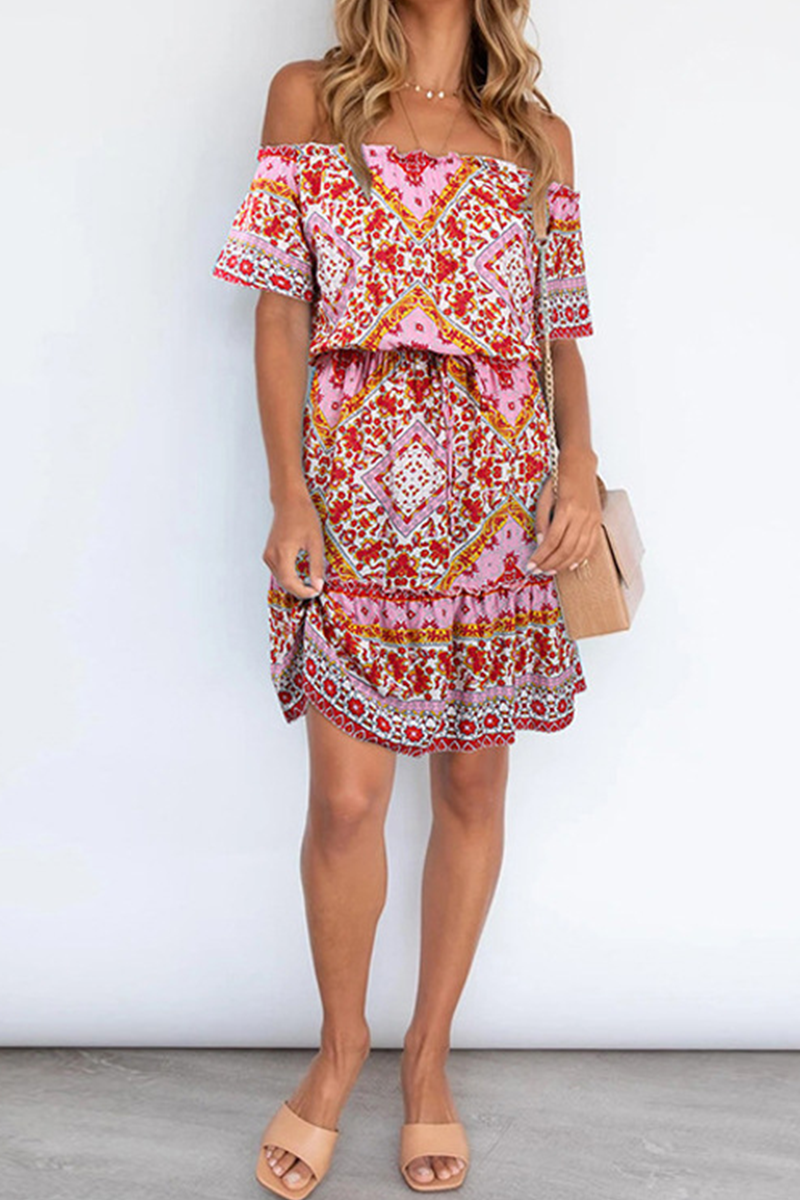 Bohemian Print Patchwork Off the Shoulder A Line Dresses