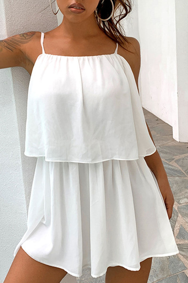 Fashion Casual Solid Split Joint Spaghetti Strap Waist Skirt Dresses