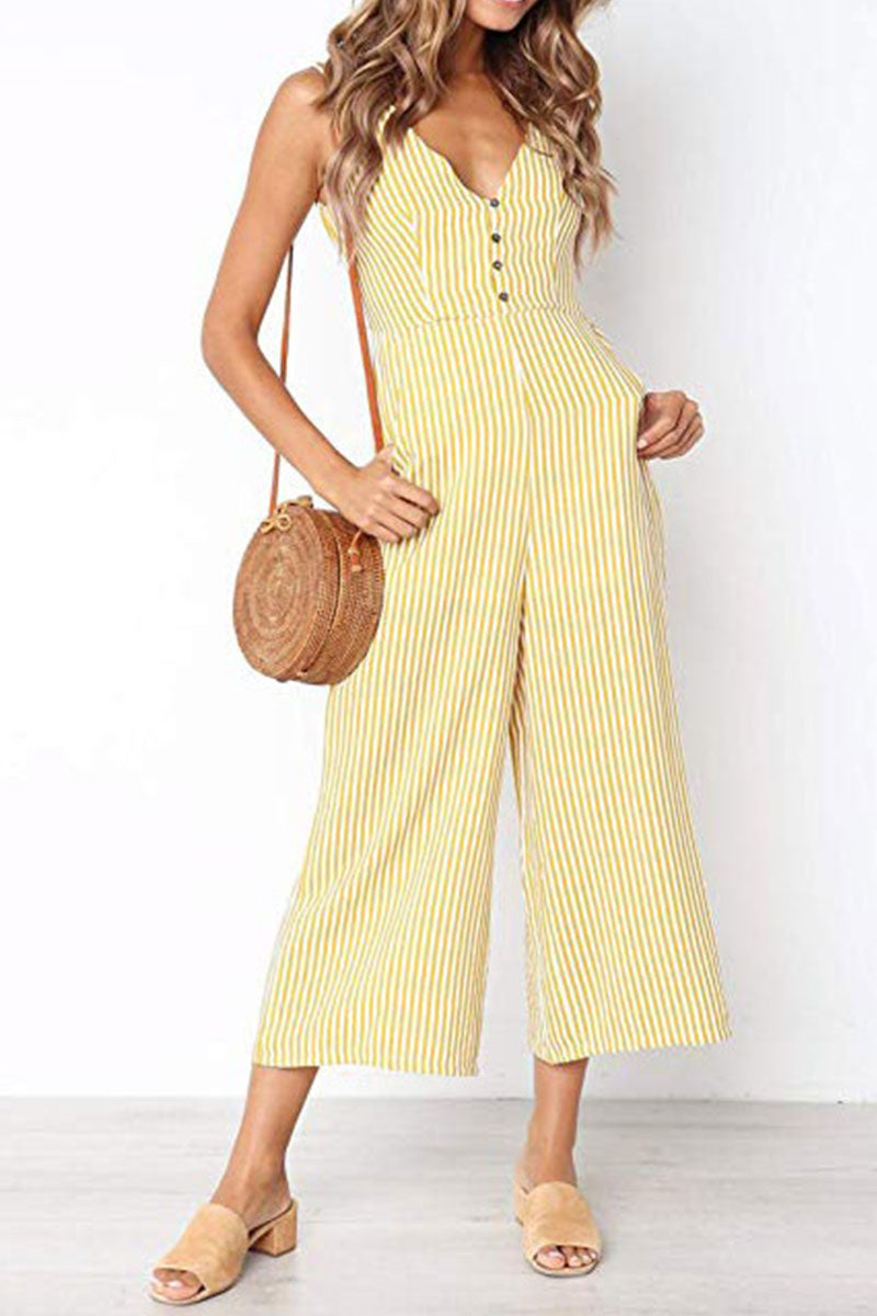 Fashion Casual Striped Patchwork V Neck Loose Jumpsuits