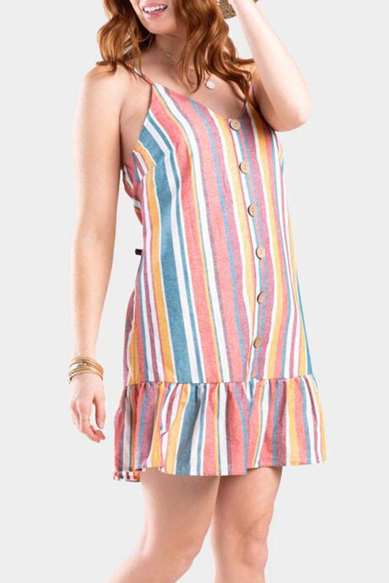 Fashion Casual Striped Buckle Flounce V Neck A Line Dresses